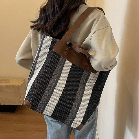 Bolsa Tote de Lona a Rayas de Gran Capacidad Con Patchwork de Cuero Bolso de Hombro para Mujer Escuela Conmutación Casual