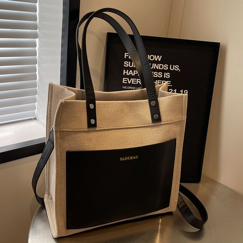 Sac Cabas en Toile Style Coréen pour Femmes Grande Capacité avec Surpiqûres en Cuir Sac à Bandoulière Décontracté