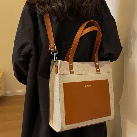 Sac Cabas en Toile Style Coréen pour Femmes Grande Capacité avec Surpiqûres en Cuir Sac à Bandoulière Décontracté