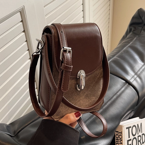 Mini Sac Bandoulière pour Téléphone Vintage en Cuir PU et Toile pour Femmes Petit Sac à Main Carré Élégant Avec Serrure Argentée
