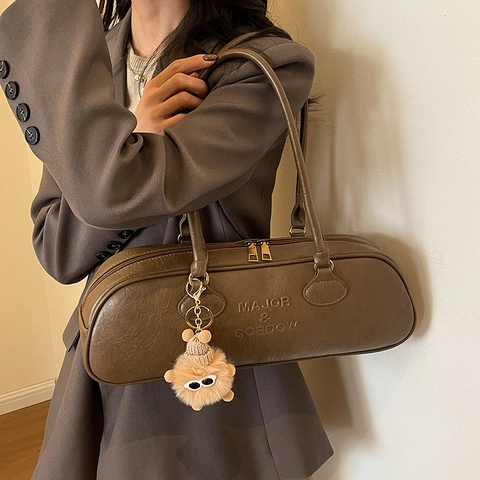Women Retro PU Leather Underarm Bag Large Capacity Handbag With Plush Monster Charm Vintage Leopard Print Barrel Bag For Daily Travel