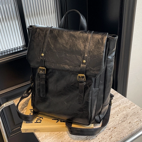 Women Vintage PU Leather Backpack Large Capacity Retro School Bag Casual Travel Shoulder Bag Elegant Flip Backpack With Buckle
