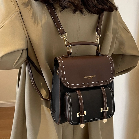 Sac à Dos Femme Patchwork Vintage Mode Décontracté Cuir PU Sac d'École Surpiqûres Contrastées Sac à Main Sac à Dos Voyage