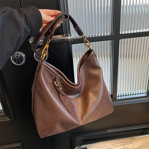 Vintage Large Capacity PU Leather Hobo Bag For Women Solid Color Casual Shoulder Crossbody Bag Minimalist High Texture Tote