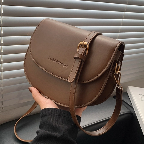Vintage Women PU Leather Saddle Crossbody Bag Retro Small Shoulder Bag Solid Color Messenger Bag Fashion Underarm Bag Adjustable Strap