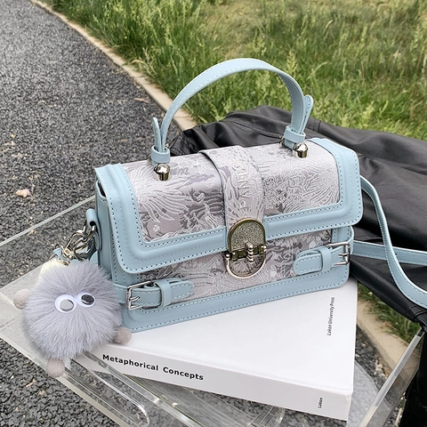 Vintage Women Jacquard Crossbody Bag Elegant Floral Pattern Small Square Top Handle Bag With Plush Charm PU Leather Shoulder Bag