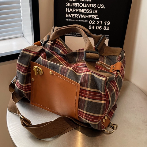 Vintage Large Capacity Tartan Canvas Backpack For Women British Style Plaid Travel Shoulder Bag With Brown Leather Splicing