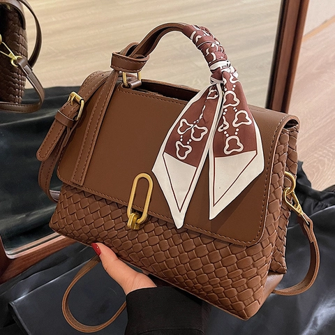 Bolso de Mano Cuadrado Pequeño Vintage Textura Tejida para Mujer Color de Contraste Bolso Bandolera de Cuero PU con Bufanda de Satén Cierre de Metal