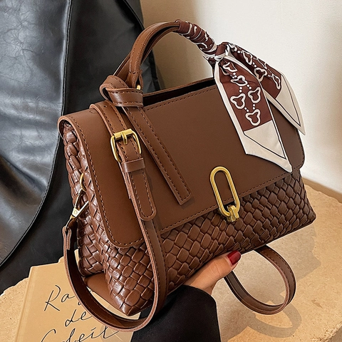 Bolso de Mano Cuadrado Pequeño Vintage Textura Tejida para Mujer Color de Contraste Bolso Bandolera de Cuero PU con Bufanda de Satén Cierre de Metal
