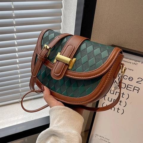 Borsa a Sella Retrò in Pelle PU Goffrata a Rombi Per Donna Borsa a Tracolla Stile Vintage Con Fibbia in Metallo Dorato