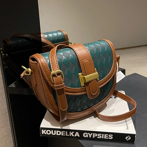 Borsa a Sella Retrò in Pelle PU Goffrata a Rombi Per Donna Borsa a Tracolla Stile Vintage Con Fibbia in Metallo Dorato