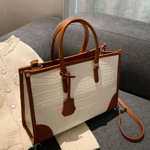 Bolso Tote de Gran Capacidad para Mujer con Patrón de Cocodrilo Retro Color de Contraste Bolso de Hombro de Cuero PU