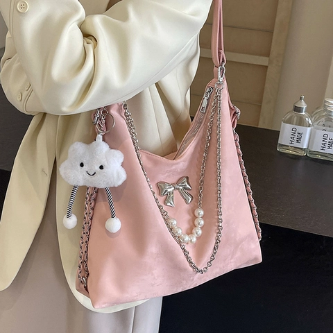 Grand Sac Cabas en PU pour Femme Sac à Dos Multifonction Sac à Bandoulière Hobo Avec Nœud Perle Artificielle Pendentif Nuage