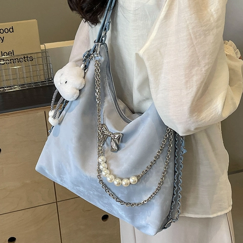 Grand Sac Cabas en PU pour Femme Sac à Dos Multifonction Sac à Bandoulière Hobo Avec Nœud Perle Artificielle Pendentif Nuage