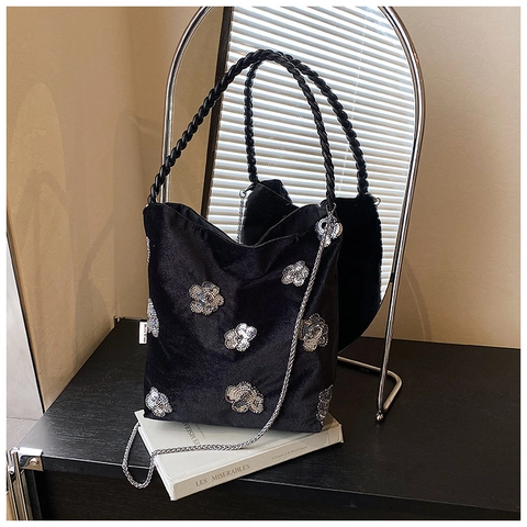 Retro Damen Leinwand Samt Tragetasche Mit Silber Pailletten Blume Geflochtener Griff Metallkette Große Kapazität Schultertasche