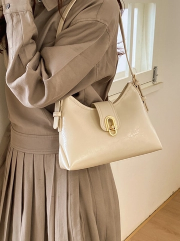 Women Retro PU Leather Underarm Bag Minimalist Shoulder Bag Solid Color Handbag Fashion Chain Crossbody Bag For Daily Commute