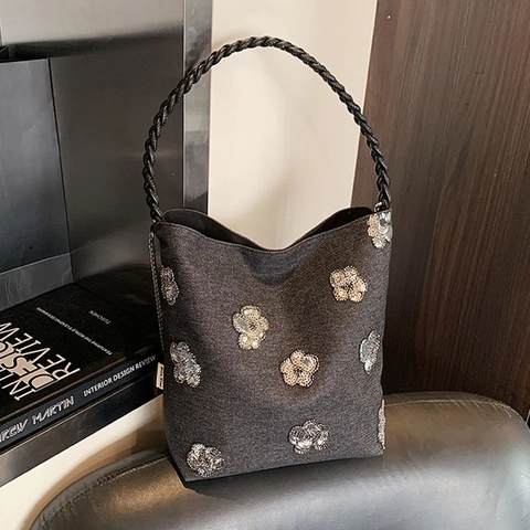 Retro Damen Leinwand Samt Tragetasche Mit Silber Pailletten Blume Geflochtener Griff Metallkette Große Kapazität Schultertasche