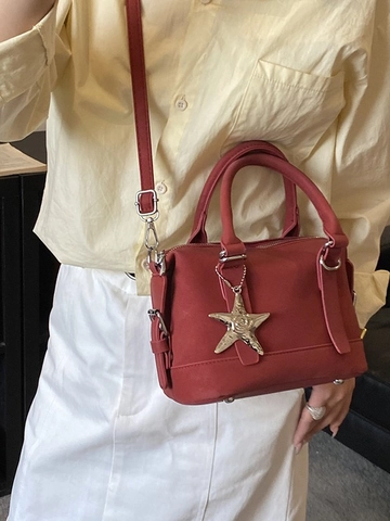 Borsa a Mano Donna Stile Boston in Pelle PU Con Ciondolo a Stella Vintage Semplice Borsa a Tracolla Cuscino Quotidiana