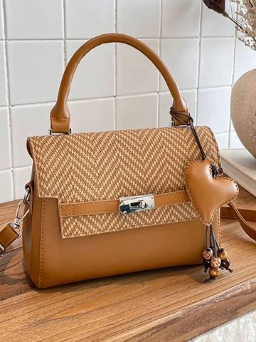 Borsa a Tracolla Patchwork da Donna in Pelle PU Vintage Piccola Borsa Quadrata Con Ciondolo a Cuore e Perline di Legno Borsa alla Moda