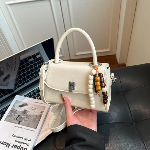 Retro Women PU Leather Crossbody Bag With Wooden Bead Charm Small Square Satchel Handbag For Daily Commuting Shoulder Bag