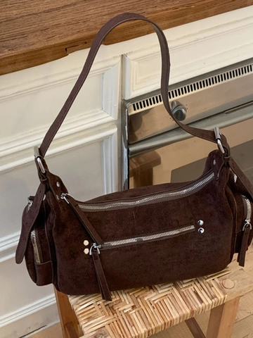 Sac Bandoulière Femme Vintage Texture Daim Similicuir Multi-Fermetures Éclair Sac à Main Douceur Coréenne Grande Capacité Épaule