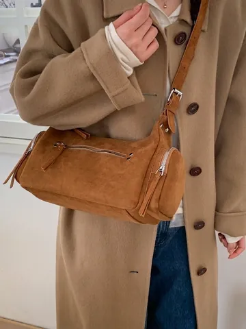 Sac Bandoulière Femme Vintage Texture Daim Similicuir Multi-Fermetures Éclair Sac à Main Douceur Coréenne Grande Capacité Épaule