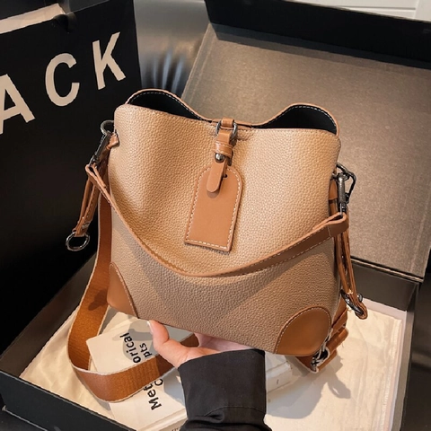 Bolso de Cubo de Cuero Sintético Retro con Patrón de Litchi para Mujer Diseño de Color de Contraste Bolso de Hombro de Gran Capacidad