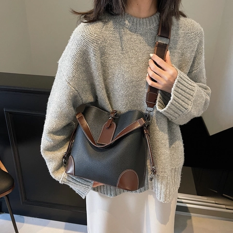 Bolso de Cubo de Cuero Sintético Retro con Patrón de Litchi para Mujer Diseño de Color de Contraste Bolso de Hombro de Gran Capacidad