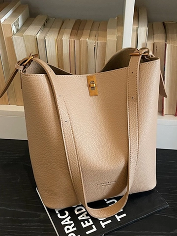 Sac à Bandoulière Seau en Cuir PU Minimaliste pour Femmes Vintage Grain Litchi Grande Capacité Avec Pochette Quotidien