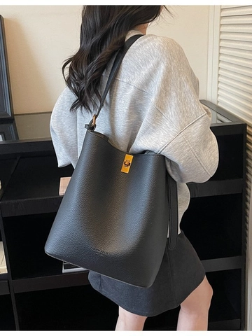 Sac à Bandoulière Seau en Cuir PU Minimaliste pour Femmes Vintage Grain Litchi Grande Capacité Avec Pochette Quotidien