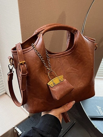 Vintage PU Leder Eimertasche Für Damen Mode Nähfaden Umhängetasche Mit Mini Anhänger Lässige Schulterhandtasche