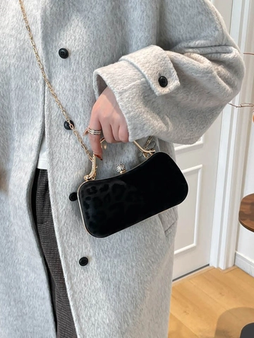 Borsa da Sera Elegante Maculata da Donna Manico in Metallo Dorato Chiusura Strass Moda Banchetto Festa Tracolla a Catena