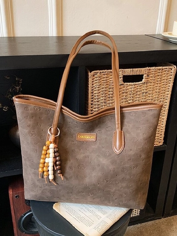 Large Capacity Tote Bag For Women Embossed PU Leather Shoulder Bag With Beaded Pendant Retro Casual Daily Handbag Office Purse