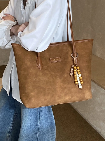 Large Capacity Tote Bag For Women Embossed PU Leather Shoulder Bag With Beaded Pendant Retro Casual Daily Handbag Office Purse
