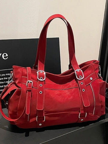 Sac Cabas Femme Grande Capacité en Cuir PU Rétro Sac à Bandoulière Multi Poches Fonctionnel Style Industriel