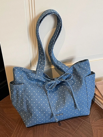Borsa Tote in Tela Grande Capacità per Donna Stampa a Stelle Decorazione Fiocco Tasche Laterali Borsa a Spalla Casual
