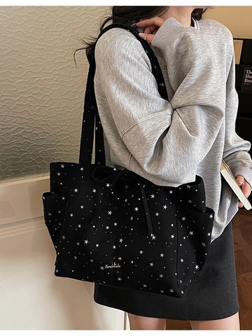 Borsa Tote in Tela Grande Capacità per Donna Stampa a Stelle Decorazione Fiocco Tasche Laterali Borsa a Spalla Casual