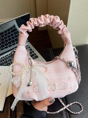 Damen Plaid Plissee Wolke Umhängetasche PU Leder Schleife Künstliche Perle Spitze Cartoon Bär Kette Schulter Handtasche