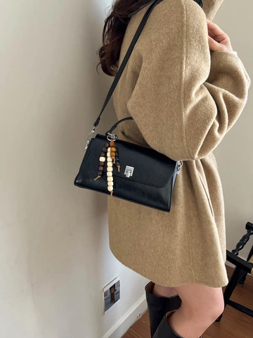 Retro Women PU Leather Crossbody Bag Fashion Square Handbag With Beaded Charm Adjustable Shoulder Strap Daily Casual Satchel