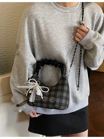 Damen Plaid Plissee Wolke Umhängetasche PU Leder Schleife Künstliche Perle Spitze Cartoon Bär Kette Schulter Handtasche