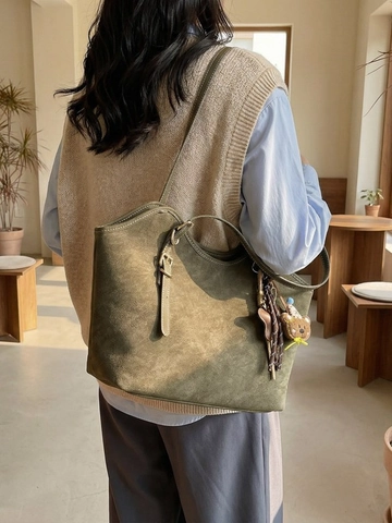 Vintage Large Capacity Suede Texture Tote Bag For Women Retro Casual Synthetic Leather Shoulder Bag With Adjustable Strap
