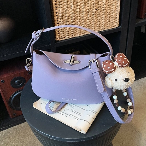 Women Fashion Synthetic Leather Crescent Shoulder Bag Solid Color Trendy Daily Handbag With Beaded Strap And Plush Charm