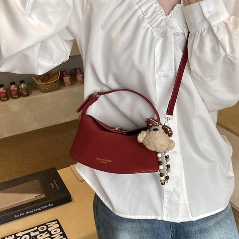 Women Fashion Synthetic Leather Crescent Shoulder Bag Solid Color Trendy Daily Handbag With Beaded Strap And Plush Charm