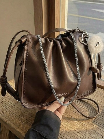 Fashion Women Ruched Cloud Shoulder Bag With Chain Strap And Plush Monster Pendant PU Leather Crossbody Bucket Bag Daily Purse