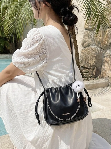 Fashion Women Ruched Cloud Shoulder Bag With Chain Strap And Plush Monster Pendant PU Leather Crossbody Bucket Bag Daily Purse