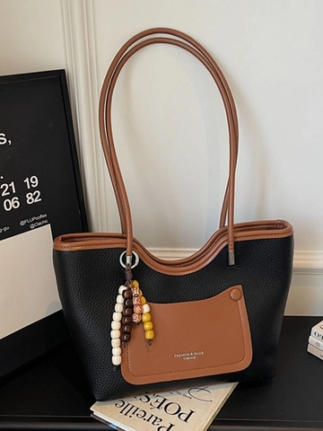 Bolso Tote Vintage de Color en Contraste para Mujer Cuero Sintético Textura Lichi Gran Capacidad Bolso de Hombro con Colgante
