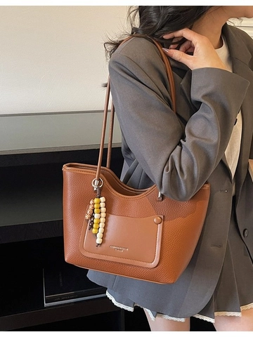 Bolso Tote Vintage de Color en Contraste para Mujer Cuero Sintético Textura Lichi Gran Capacidad Bolso de Hombro con Colgante