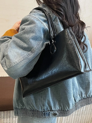 Women's High Quality Large Capacity Synthetic Leather Tote Bag Minimalist Oil Wax Texture Shoulder Bag Casual Underarm Bag