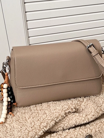 Women Korean Fashion Pebble Texture Small Square Bag Casual Crossbody Shoulder Flap Bag With Beaded Charm PU Leather Daily Handbag
