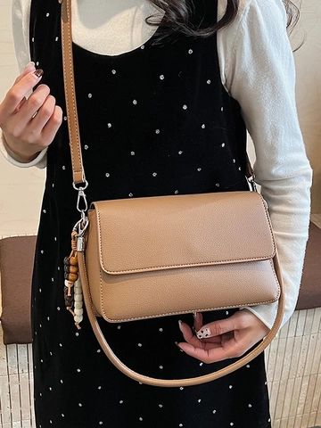 Women Korean Fashion Pebble Texture Small Square Bag Casual Crossbody Shoulder Flap Bag With Beaded Charm PU Leather Daily Handbag
